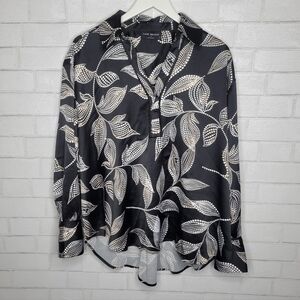 Lane Bryant Black V Neck Leaf Print Blouse